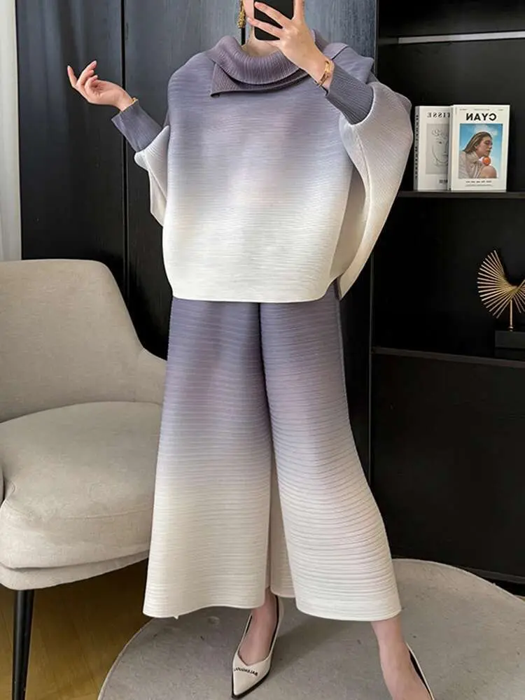 LANMREM Elegant Gradient Women's Pleated Set New Lapel Batsleeve Top Wide-leg Pants Causal Two-piece Fashion 2025 Spring 2DE168