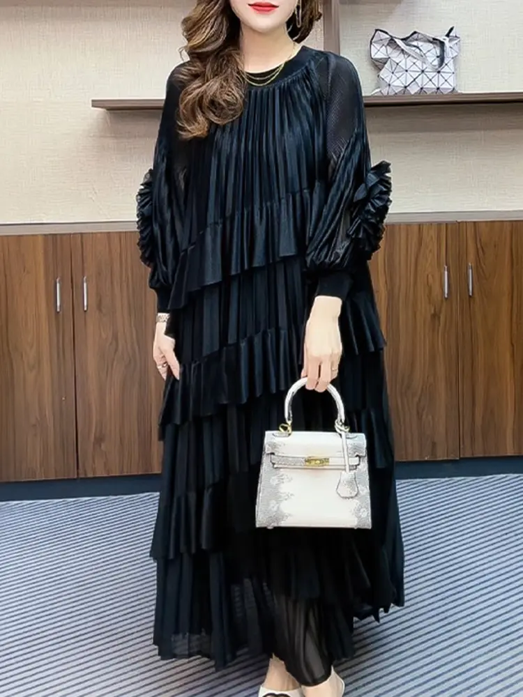 LANMREM Ruffled Multi Layer Splicing Design Long Sleeve Pleated Women's Dress 2025 New Causal Loose Fashion Long Sleeve Dresses