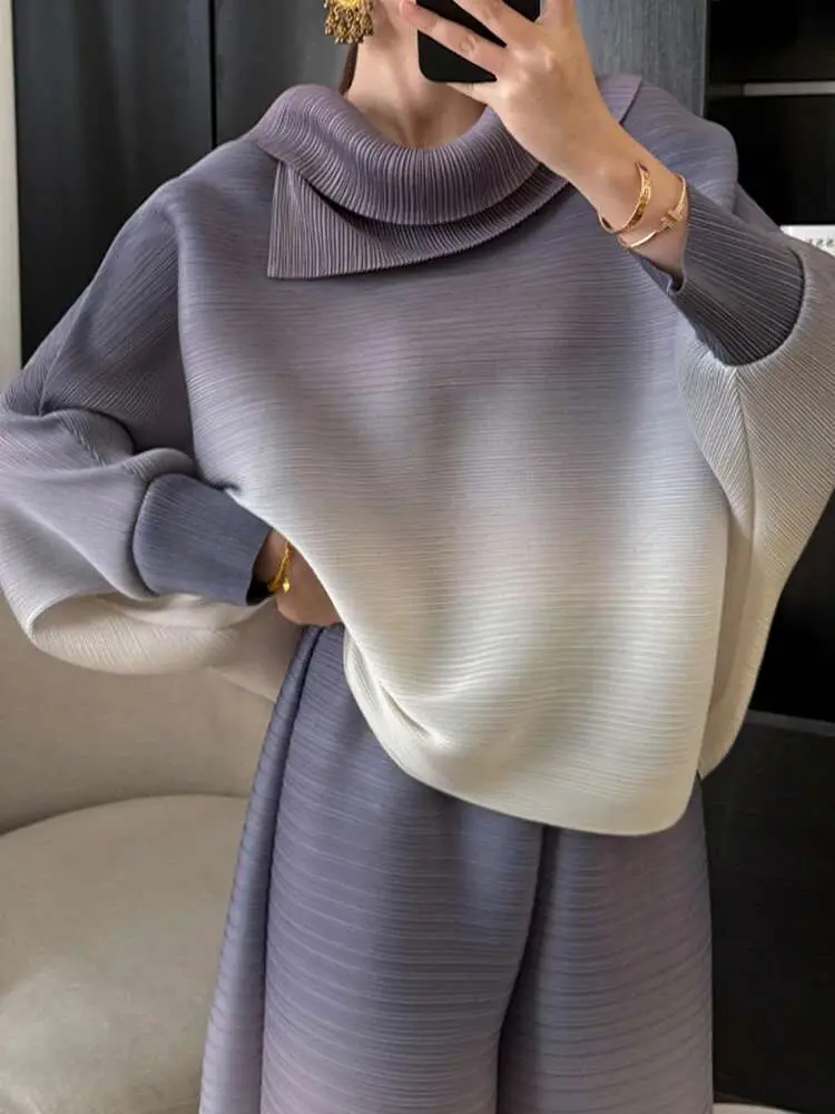LANMREM Elegant Gradient Women's Pleated Set New Lapel Batsleeve Top Wide-leg Pants Causal Two-piece Fashion 2025 Spring 2DE168