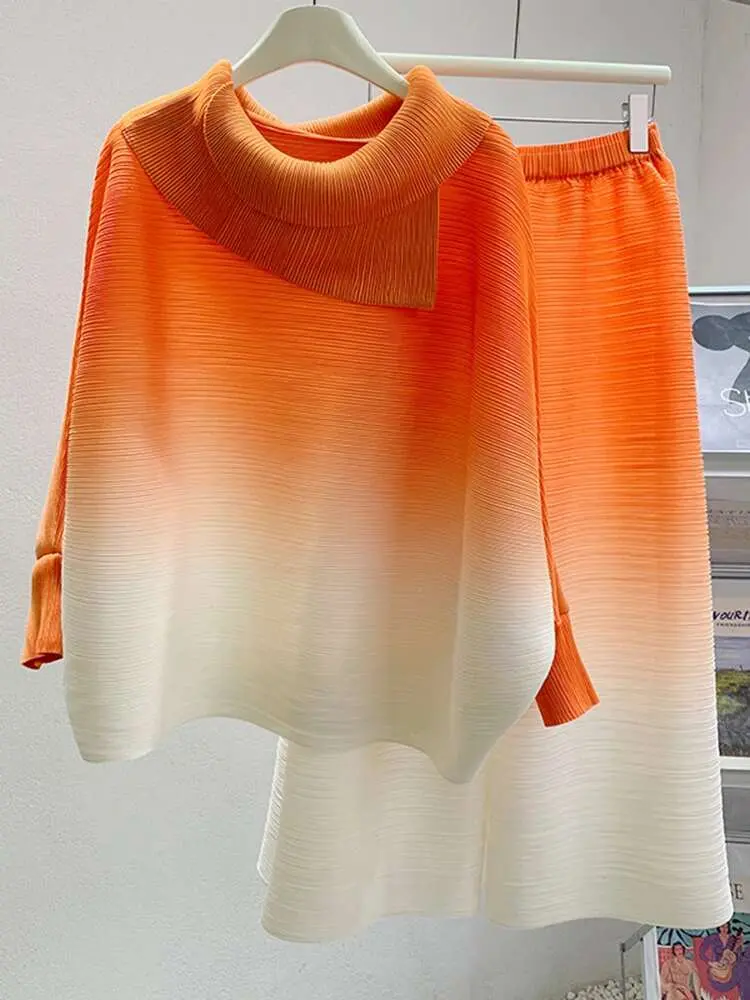 LANMREM Elegant Gradient Women's Pleated Set New Lapel Batsleeve Top Wide-leg Pants Causal Two-piece Fashion 2025 Spring 2DE168