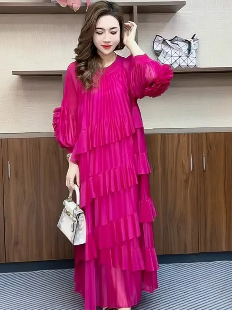 LANMREM Ruffled Multi Layer Splicing Design Long Sleeve Pleated Women's Dress 2025 New Causal Loose Fashion Long Sleeve Dresses