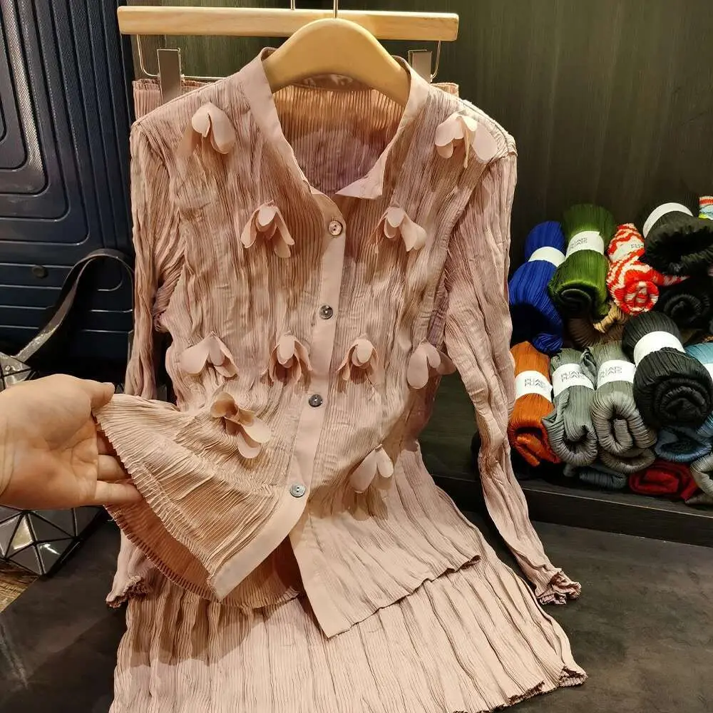 LANMREM Wine Red Women's Sets Design Niche Handmade Pleated Three-dimensional Flower Long Sleeve Shirt And Skirt Two-piece Set