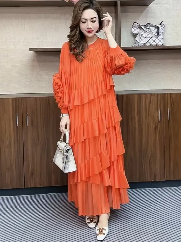 LANMREM Ruffled Multi Layer Splicing Design Long Sleeve Pleated Women's Dress 2025 New Causal Loose Fashion Long Sleeve Dresses