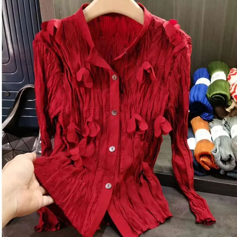 LANMREM Wine Red Women's Sets Design Niche Handmade Pleated Three-dimensional Flower Long Sleeve Shirt And Skirt Two-piece Set