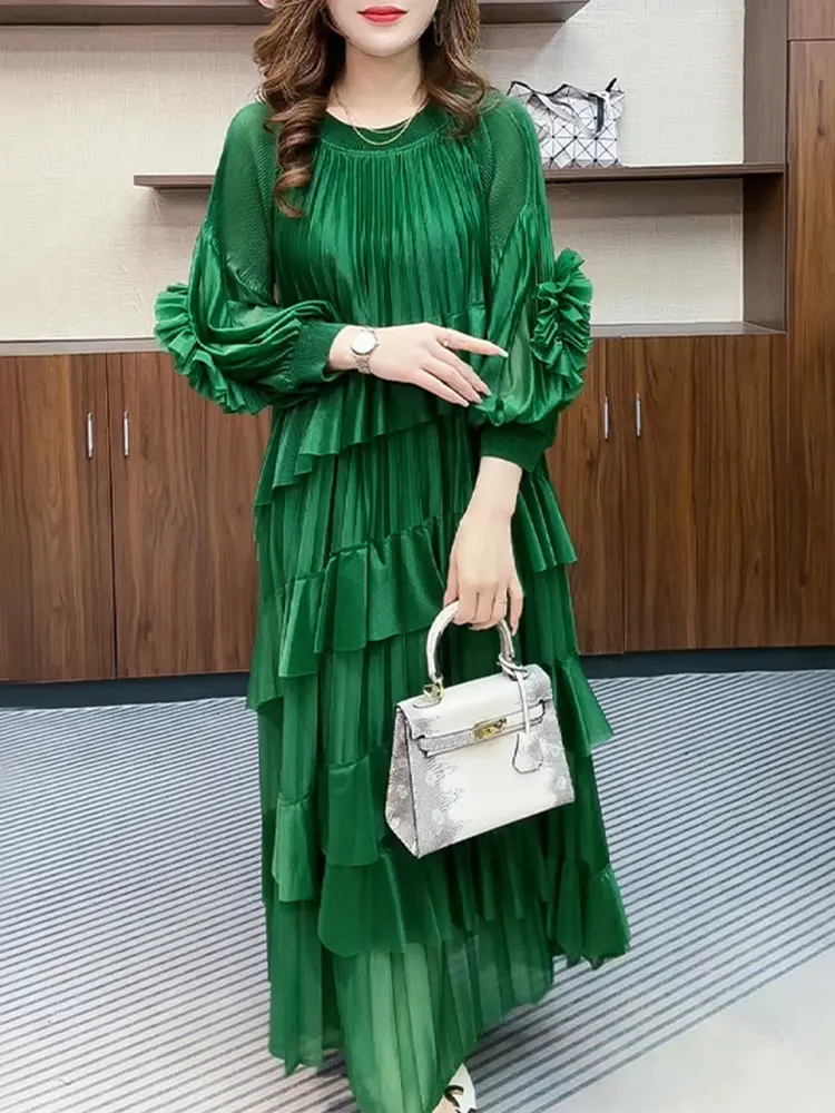 LANMREM Ruffled Multi Layer Splicing Design Long Sleeve Pleated Women's Dress 2025 New Causal Loose Fashion Long Sleeve Dresses