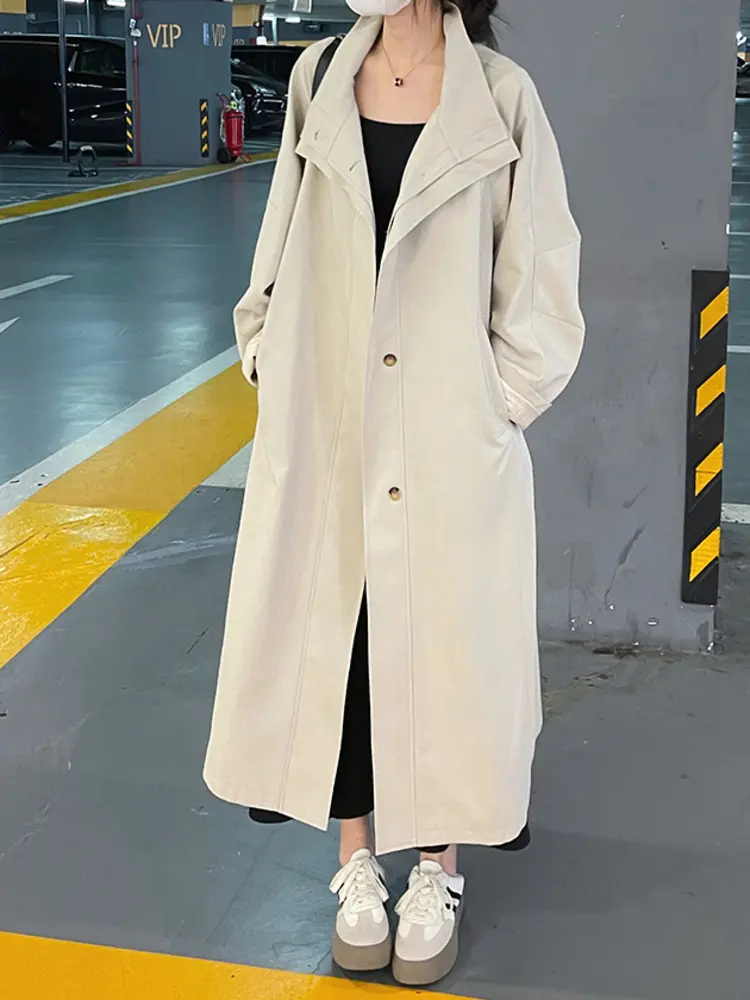 LANMREM Loose Fit Trench Coat For Women Mid-Length Stand Collar Single Breasted Thin Coat With Belt 2025 Autumn New 2DM1109