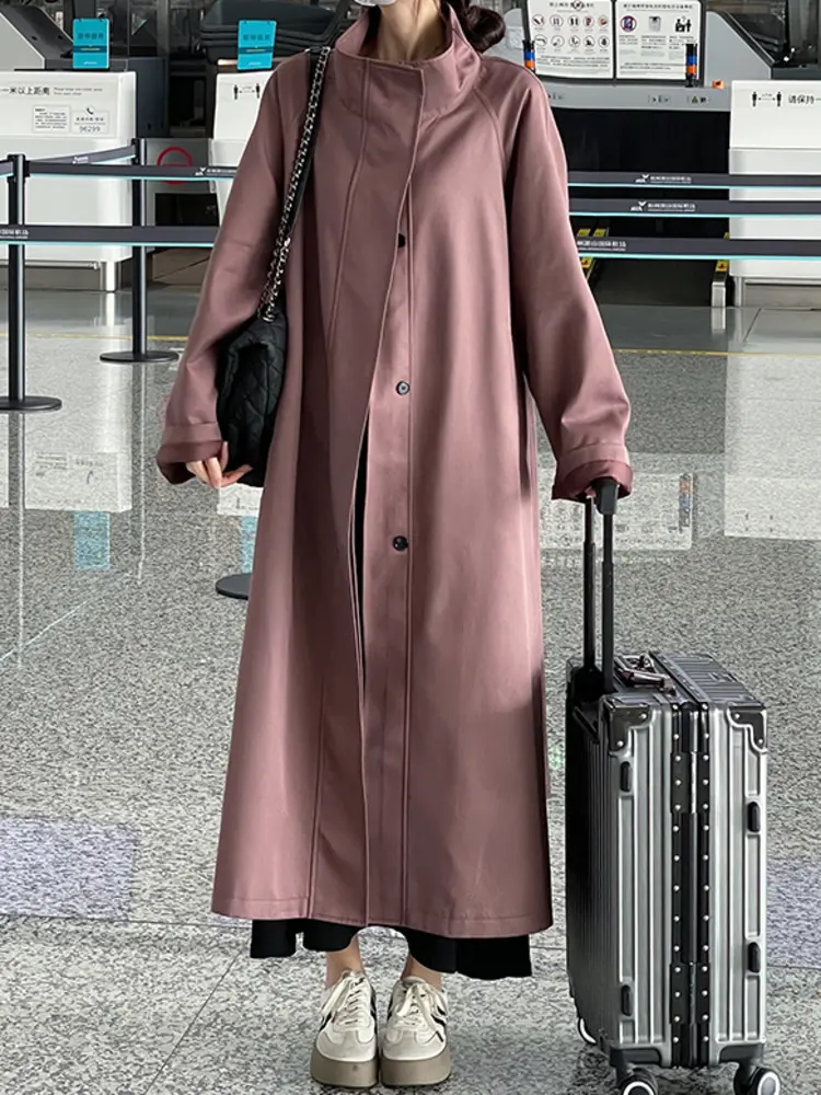 LANMREM Loose Fit Trench Coat For Women Mid-Length Stand Collar Single Breasted Thin Coat With Belt 2025 Autumn New 2DM1109
