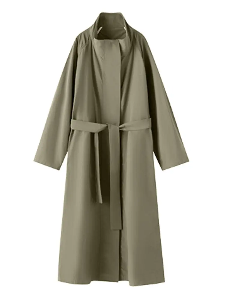 LANMREM Loose Fit Trench Coat For Women Mid-Length Stand Collar Single Breasted Thin Coat With Belt 2025 Autumn New 2DM1109