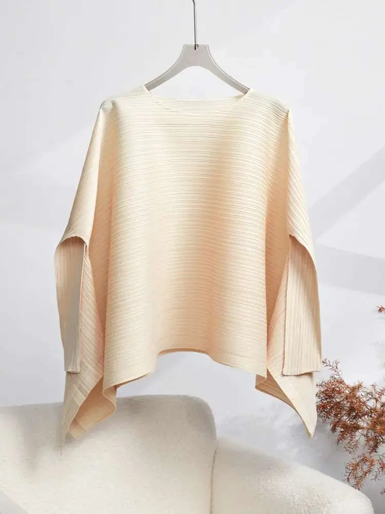 LANMREM Pleated Loose Casual T-shirt Women Fashion tide 2025 Summer New Round Neck Solid Color Long Sleeve Simple Tops 2DE745
