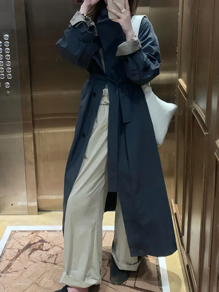 LANMREM Loose Fit Trench Coat For Women Mid-Length Stand Collar Single Breasted Thin Coat With Belt 2025 Autumn New 2DM1109