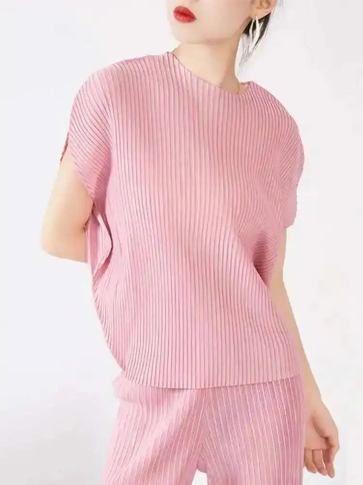LANMREM Solid Color Pleated T-Shirt Women Fashion 2025 Summer New Round Neck Short Sleeve Loose Casual Versatile Tops 2DE673