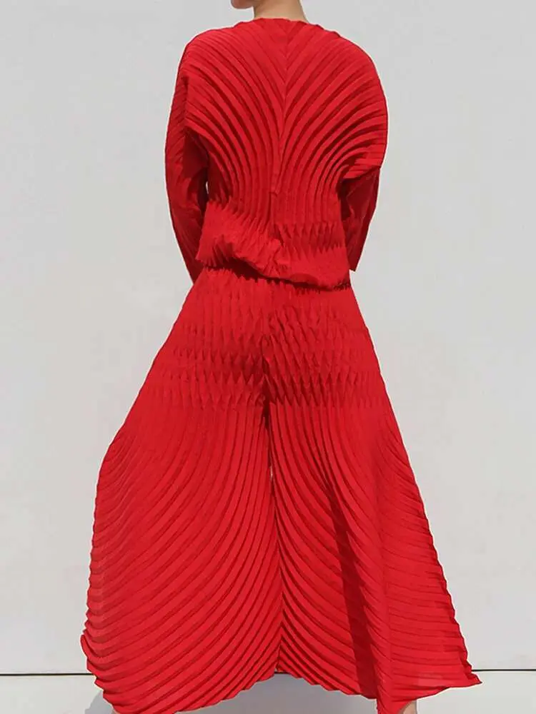 LANMREM Solid Color Pleated 2 Pieces Sets Women Fashion Round Neck Long Sleeves Tops Loose Flare Pants 2025 Spring New 2AA1626