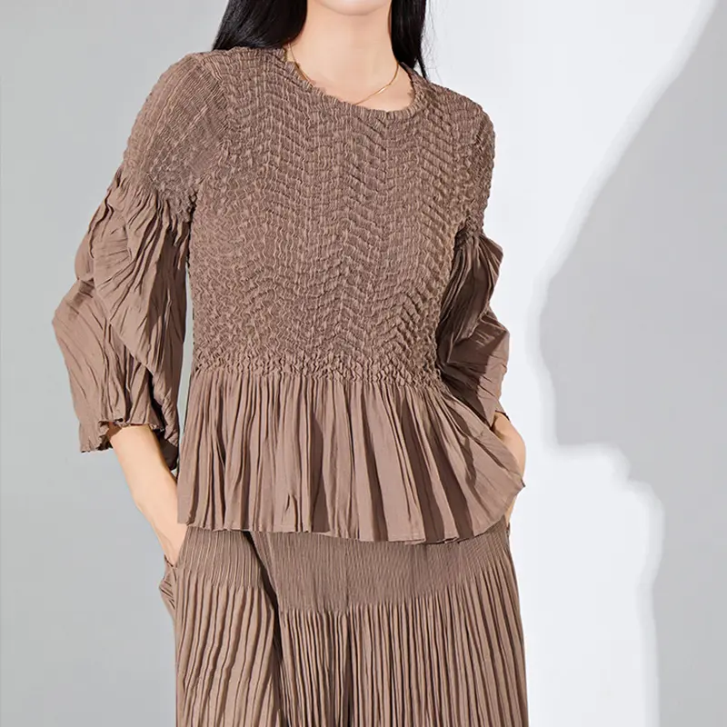 LANMREM Women Casual Pleated 2 Pieces Set Round Neck Long Sleeves Tops High Waist Wide Leg Pants Solid Color Sets 2AA3332