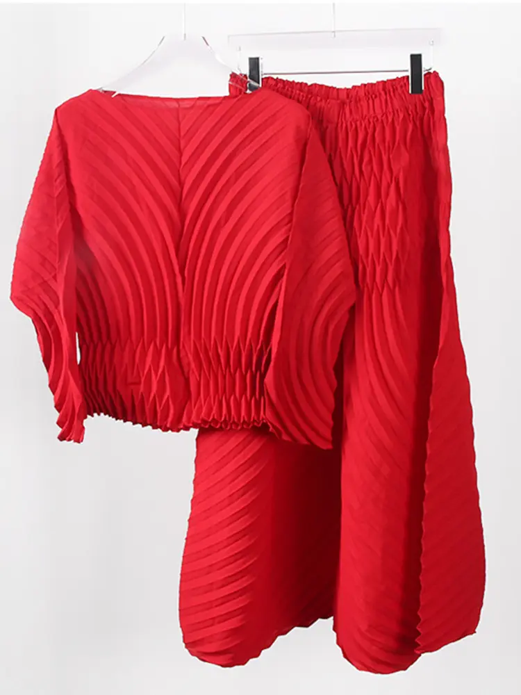 LANMREM Solid Color Pleated 2 Pieces Sets Women Fashion Round Neck Long Sleeves Tops Loose Flare Pants 2025 Spring New 2AA1626