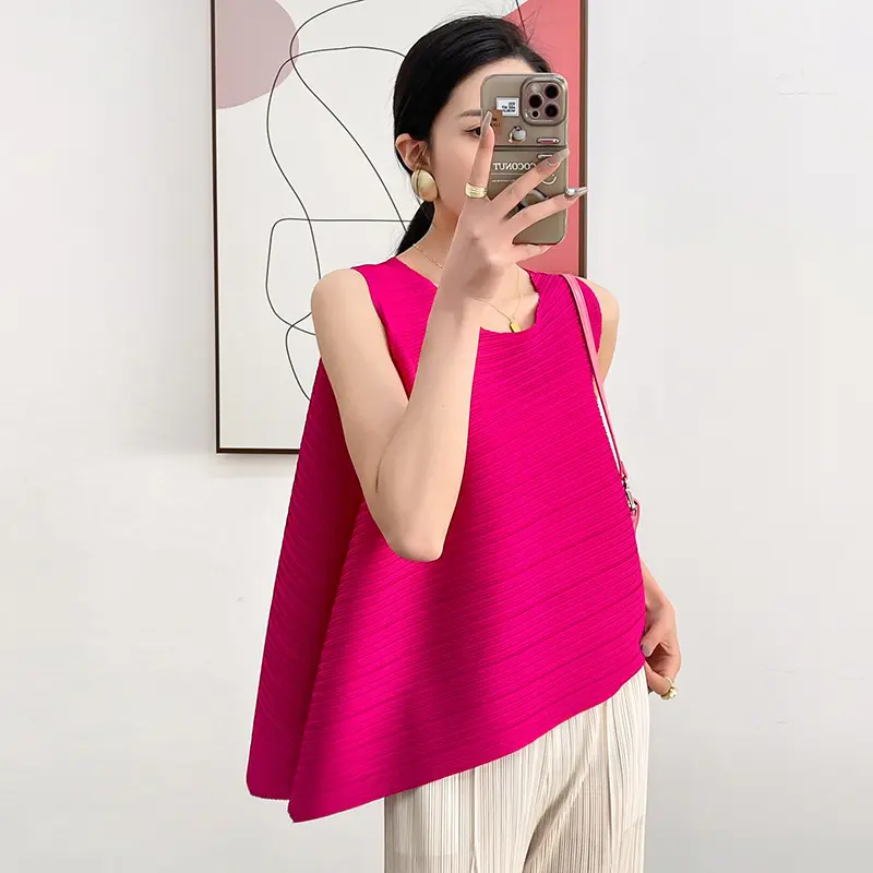 LANMREM Chic Pleated Round Collar Women's Tank Top Summer Fashion Irregular Pleated Sleeveless T-shirt Elastic Loose Tee 2DB4045