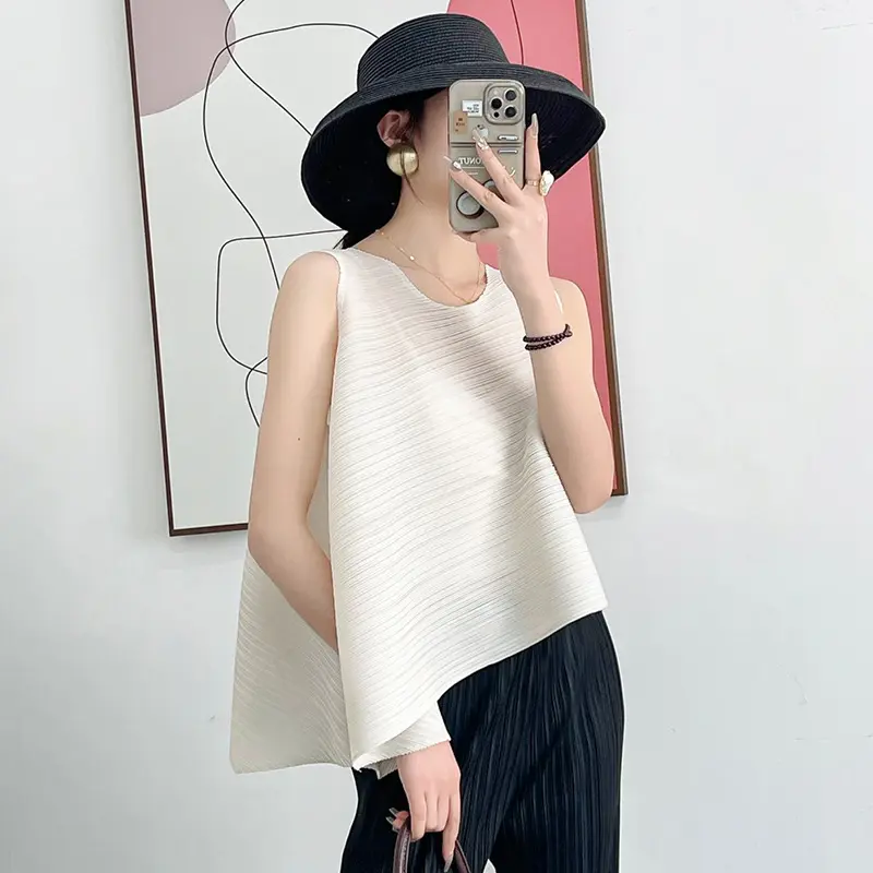 LANMREM Chic Pleated Round Collar Women's Tank Top Summer Fashion Irregular Pleated Sleeveless T-shirt Elastic Loose Tee 2DB4045