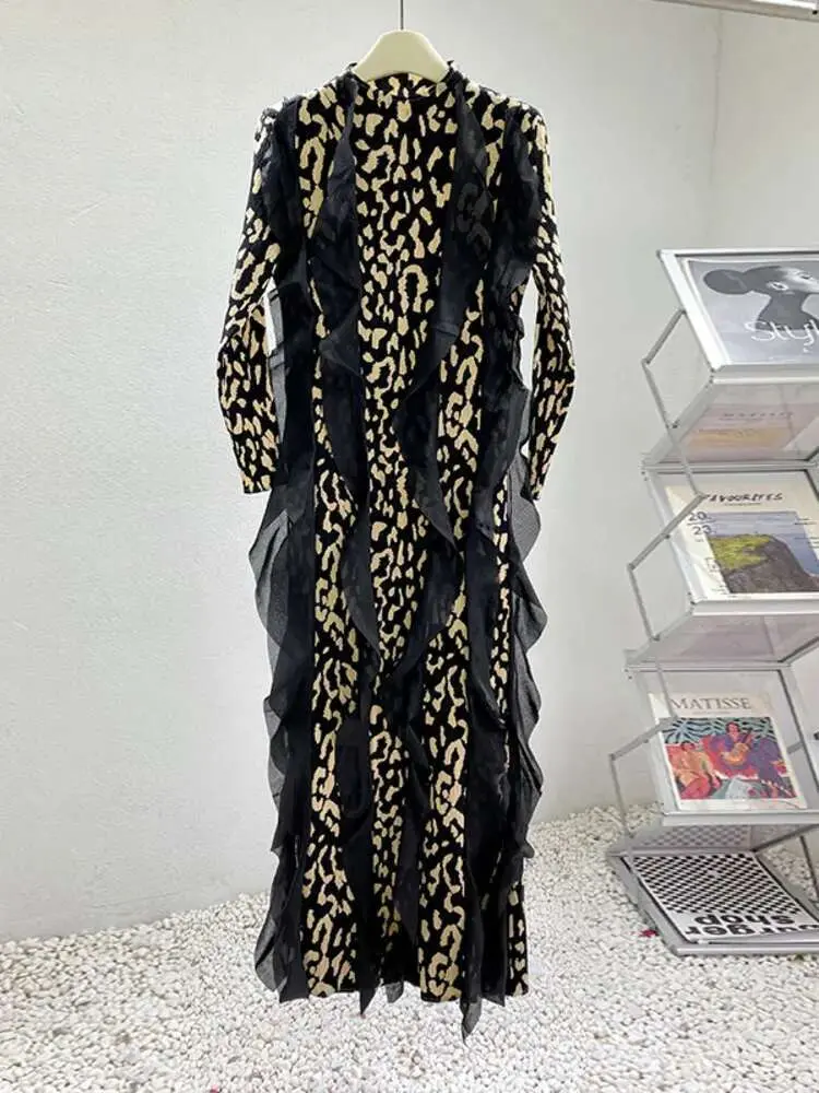 LANMREM Elegant Women's Pleated Dress New O-neck Long Sleeve Leopard Print Patchwork Long Dresses Fashion 2025 Spring 2DE161