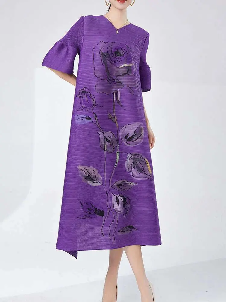 LANMREM Designer Pleated Dress For Women V Neck Lantern Sleeves Flower Printing Female Elegant Clothing 2024 Summer New 2DA7893