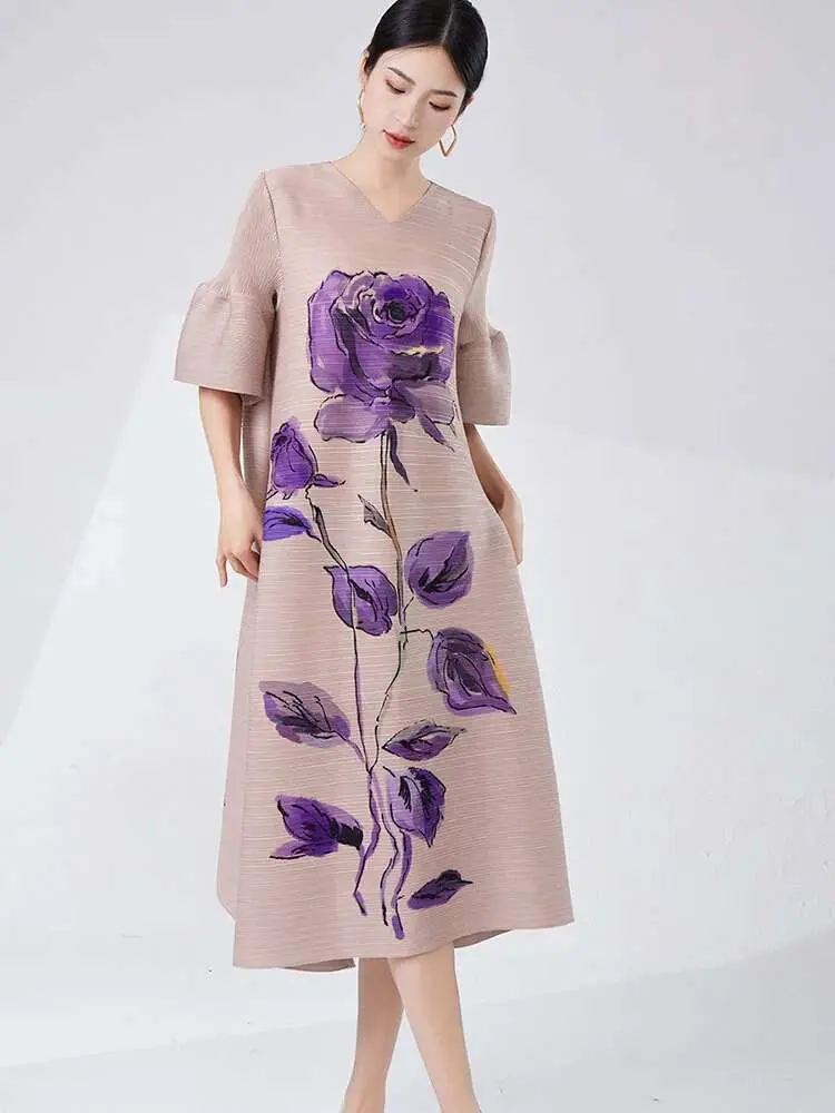 LANMREM Designer Pleated Dress For Women V Neck Lantern Sleeves Flower Printing Female Elegant Clothing 2024 Summer New 2DA7893