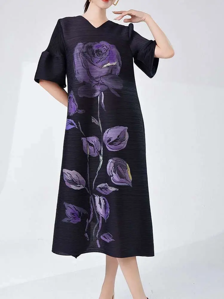 LANMREM Designer Pleated Dress For Women V Neck Lantern Sleeves Flower Printing Female Elegant Clothing 2024 Summer New 2DA7893