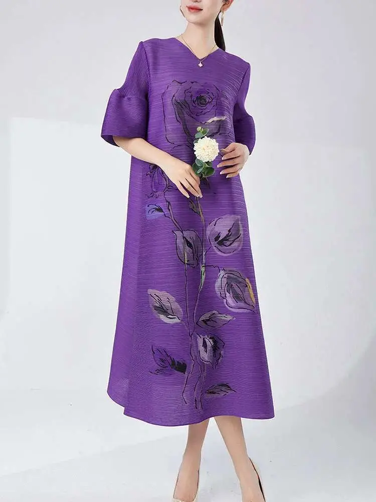 LANMREM Designer Pleated Dress For Women V Neck Lantern Sleeves Flower Printing Female Elegant Clothing 2024 Summer New 2DA7893