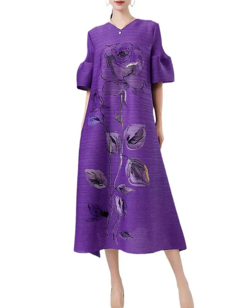 LANMREM Designer Pleated Dress For Women V Neck Lantern Sleeves Flower Printing Female Elegant Clothing 2024 Summer New 2DA7893