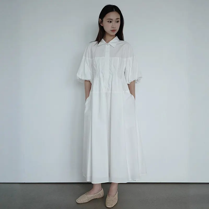 LANMREM French Style Simple Fashionable Wide Waist Turn-down Collar Dress For Women Casual Half Puff Sleeve Long Dresses 2DB3854