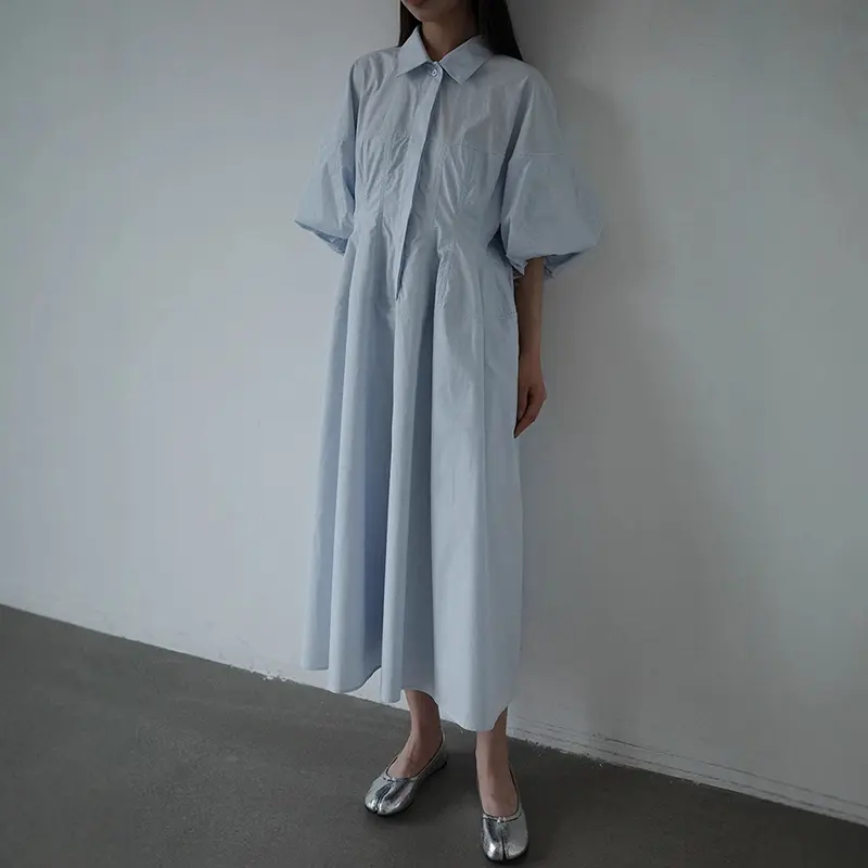 LANMREM French Style Simple Fashionable Wide Waist Turn-down Collar Dress For Women Casual Half Puff Sleeve Long Dresses 2DB3854