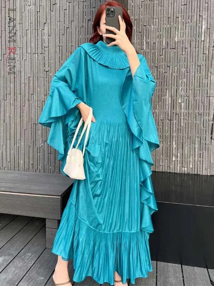 LANMREM Ruffle Sleeves Pleated Dress For Women Lapel Solid Color Maxi Style Loose Elegant Clothing 2024 Spring New 2DA2766