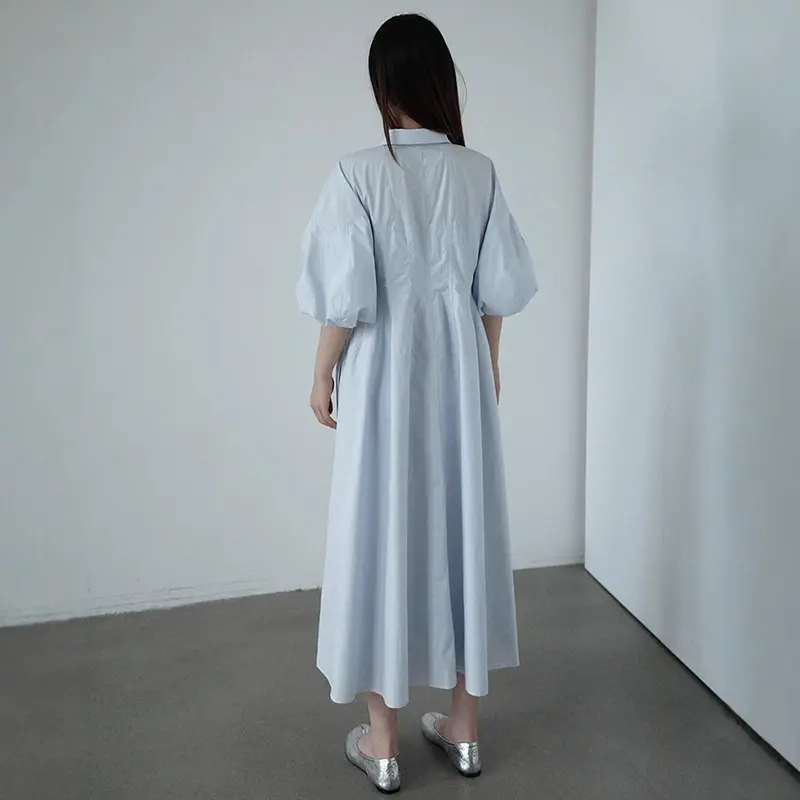 LANMREM French Style Simple Fashionable Wide Waist Turn-down Collar Dress For Women Casual Half Puff Sleeve Long Dresses 2DB3854