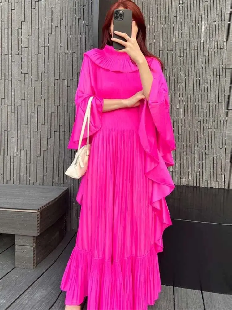 LANMREM Ruffle Sleeves Pleated Dress For Women Lapel Solid Color Maxi Style Loose Elegant Clothing 2024 Spring New 2DA2766