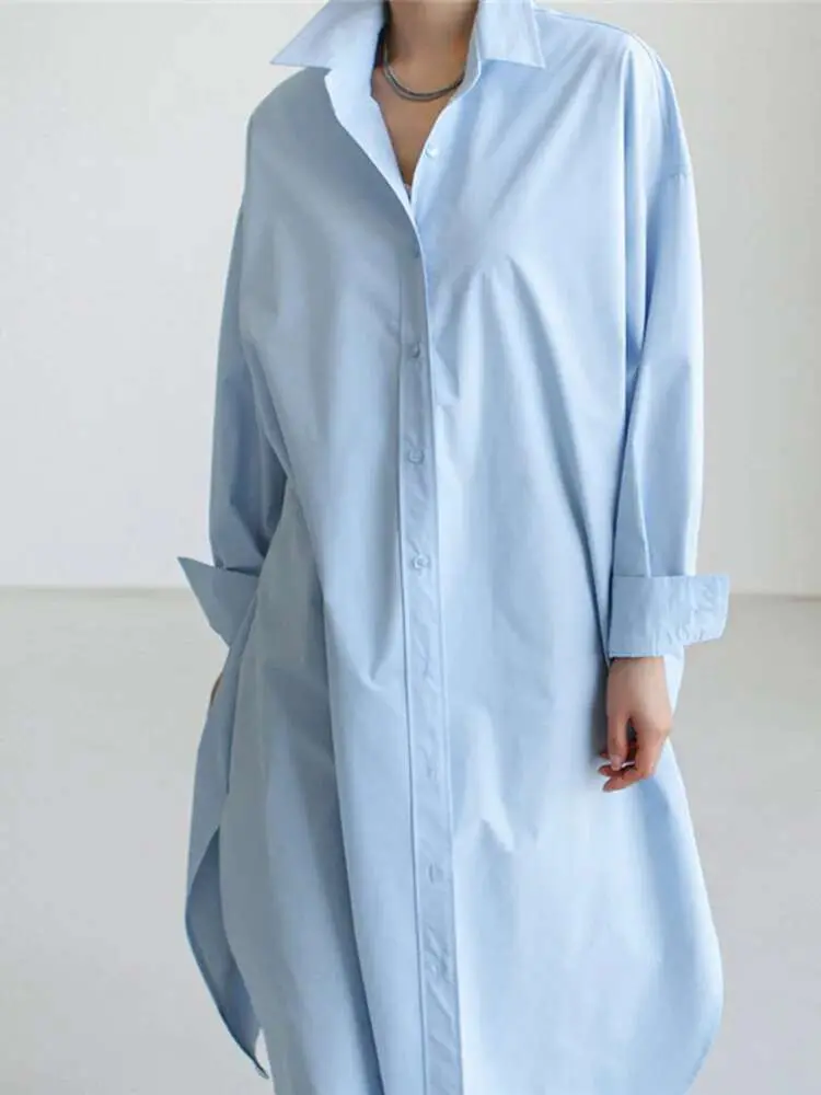 LANMREM Single Breasted Long Shirts For Women Lapel Loose Split Side Fashion Shirt Female 2025 Summer Spring New Clothing 2R2479