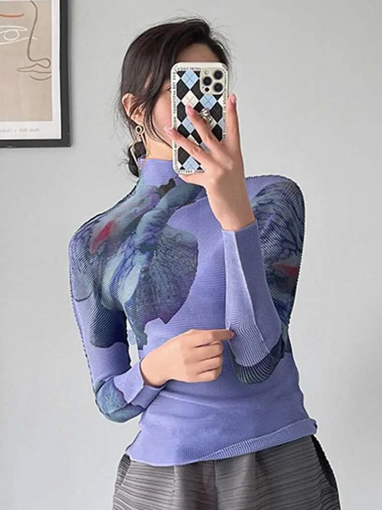 LANMREM Pleated Printing Contrast Color Pullover T-shirt For Women Turtleneck Long Sleeve Tops 2025 Spring New 2L2114