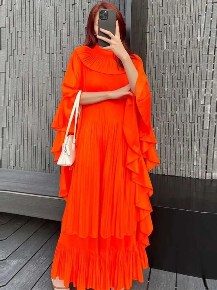 LANMREM Ruffle Sleeves Pleated Dress For Women Lapel Solid Color Maxi Style Loose Elegant Clothing 2024 Spring New 2DA2766