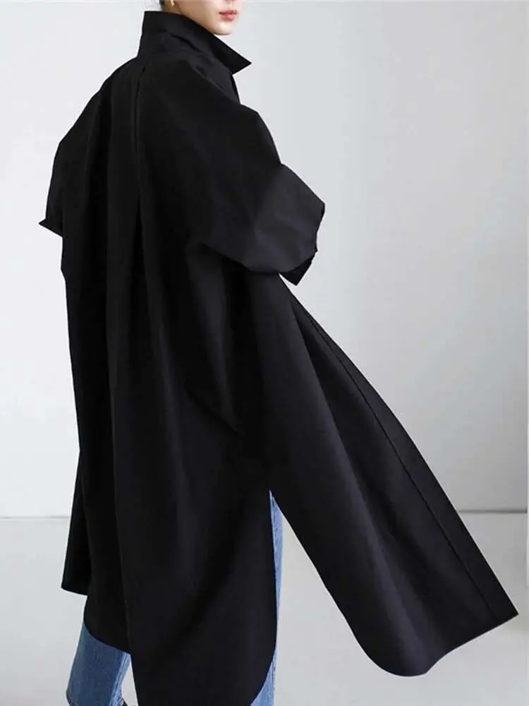 LANMREM Single Breasted Long Shirts For Women Lapel Loose Split Side Fashion Shirt Female 2025 Summer Spring New Clothing 2R2479