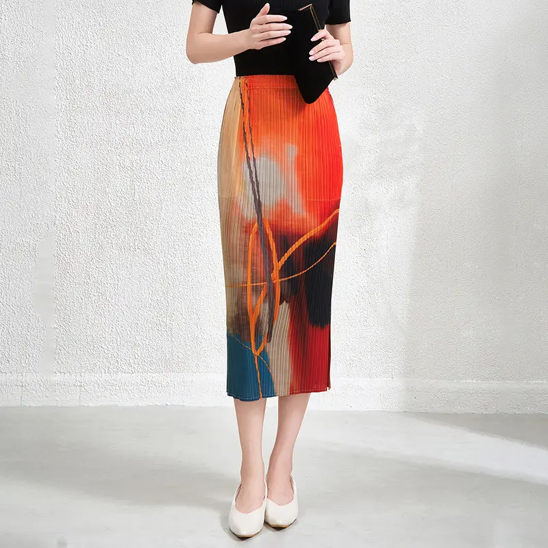 LANMREM Pleated Printting Straight Women's Skirt Summer Niche Elastic Slim Side Vent Design Skirts 2025 Chic New Bottoms 2DB3863