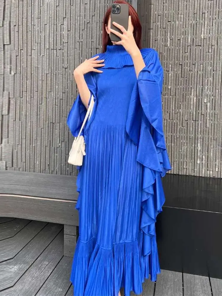LANMREM Ruffle Sleeves Pleated Dress For Women Lapel Solid Color Maxi Style Loose Elegant Clothing 2024 Spring New 2DA2766