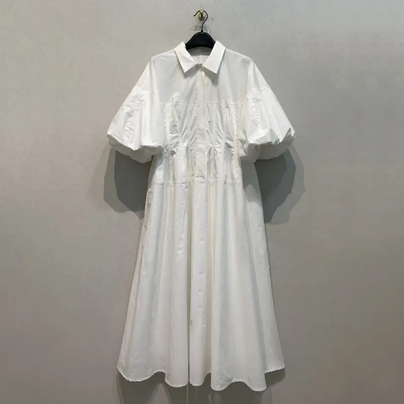 LANMREM French Style Simple Fashionable Wide Waist Turn-down Collar Dress For Women Casual Half Puff Sleeve Long Dresses 2DB3854
