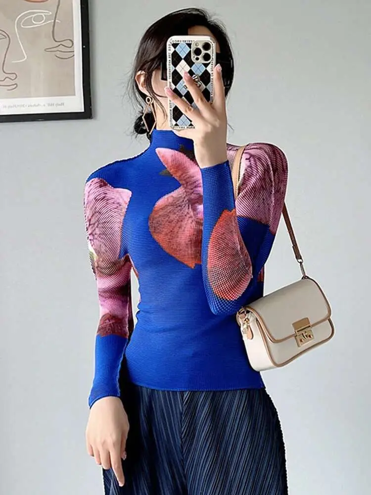 LANMREM Pleated Printing Contrast Color Pullover T-shirt For Women Turtleneck Long Sleeve Tops 2025 Spring New 2L2114