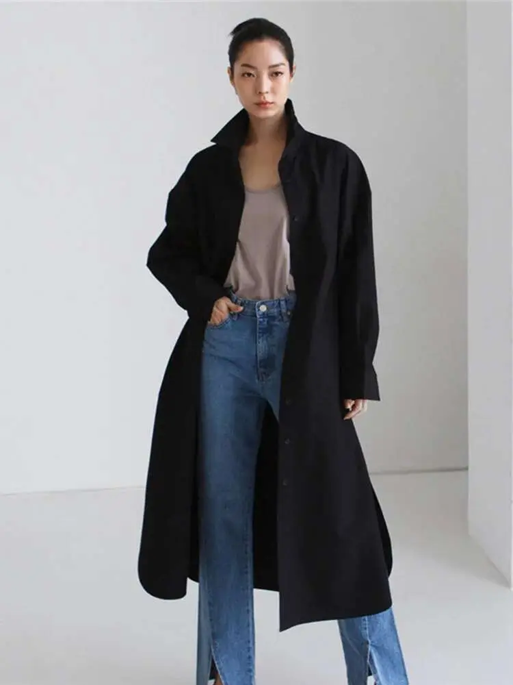 LANMREM Single Breasted Long Shirts For Women Lapel Loose Split Side Fashion Shirt Female 2025 Summer Spring New Clothing 2R2479