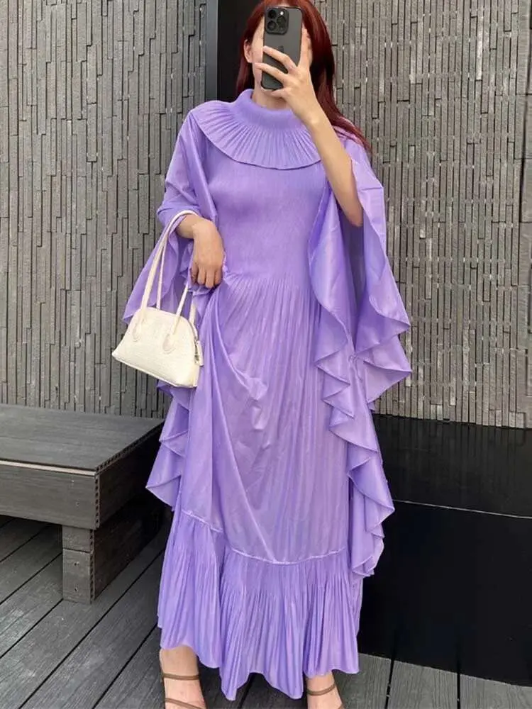 LANMREM Ruffle Sleeves Pleated Dress For Women Lapel Solid Color Maxi Style Loose Elegant Clothing 2024 Spring New 2DA2766