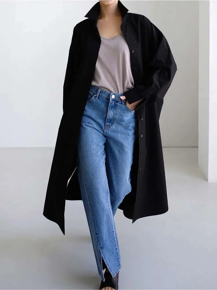LANMREM Single Breasted Long Shirts For Women Lapel Loose Split Side Fashion Shirt Female 2025 Summer Spring New Clothing 2R2479