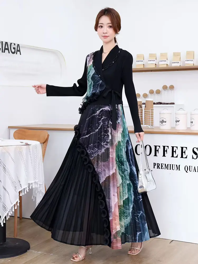 LANMREM Beading Notched Collar Design Women's Pleated Dress Bandage Print Ruffled Panelling‌ Spliced Long Sleeve Dresses 2DB3393