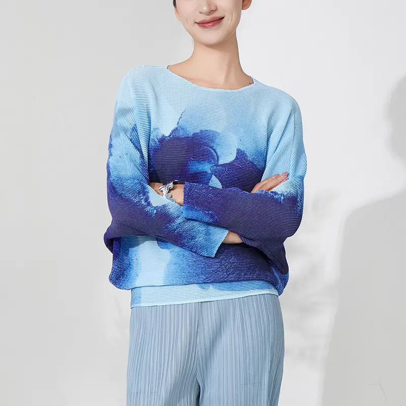LANMREM Blue Batwing Sleeve Pleated Women's T-Shirt Loose High-End Round Collar Elastic Casual Printting Pullover Tops 2DB3707