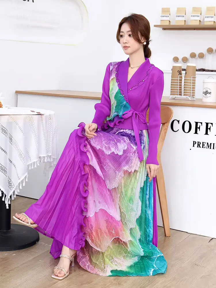 LANMREM Beading Notched Collar Design Women's Pleated Dress Bandage Print Ruffled Panelling‌ Spliced Long Sleeve Dresses 2DB3393