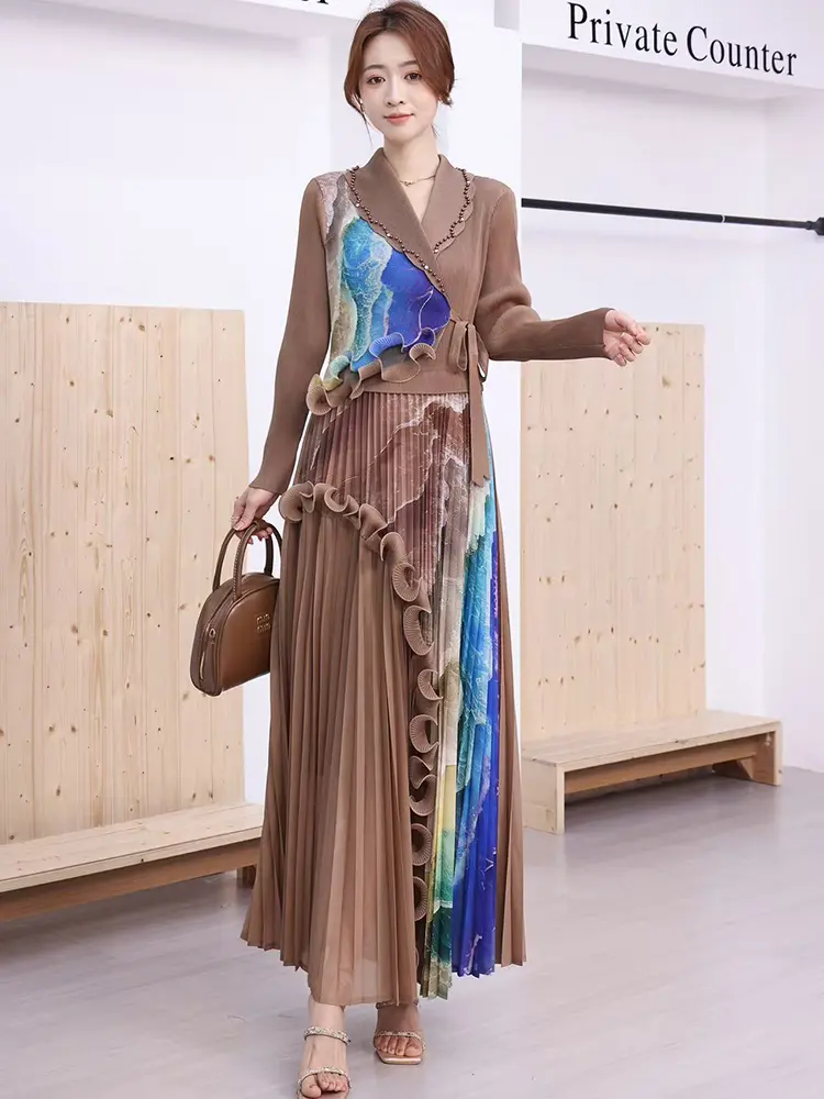 LANMREM Beading Notched Collar Design Women's Pleated Dress Bandage Print Ruffled Panelling‌ Spliced Long Sleeve Dresses 2DB3393