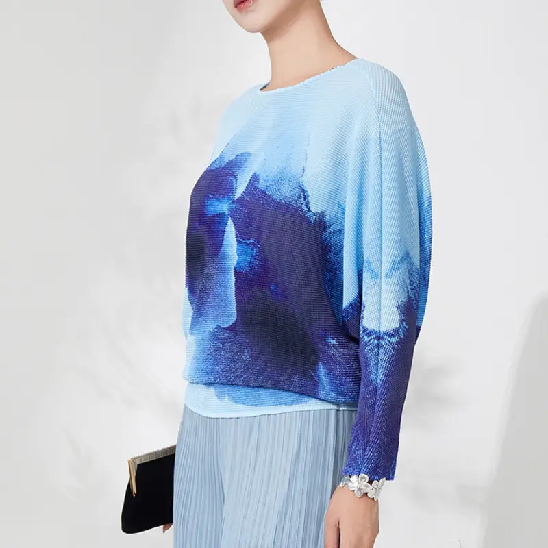 LANMREM Blue Batwing Sleeve Pleated Women's T-Shirt Loose High-End Round Collar Elastic Casual Printting Pullover Tops 2DB3707