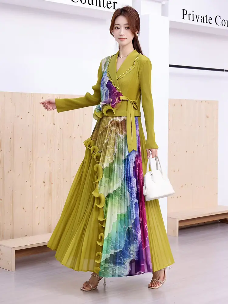 LANMREM Beading Notched Collar Design Women's Pleated Dress Bandage Print Ruffled Panelling‌ Spliced Long Sleeve Dresses 2DB3393