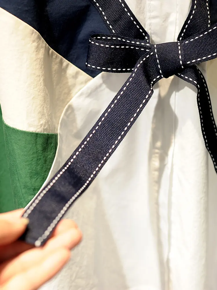 LANMREM Niche Shirt For Women Lapel Long Sleeves Bow Decoration Color Block Female Versatile Top 2025 Spring New 2Z2088
