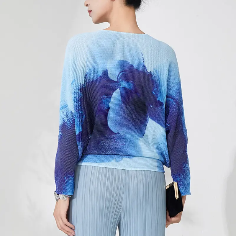 LANMREM Blue Batwing Sleeve Pleated Women's T-Shirt Loose High-End Round Collar Elastic Casual Printting Pullover Tops 2DB3707